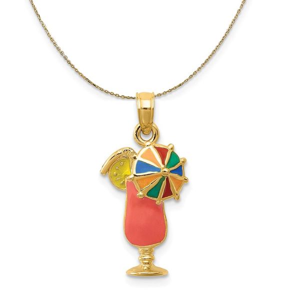 14k Yellow Gold and Enamel Tropical Drink Necklace - 18 Inch - Picture 1 of 7